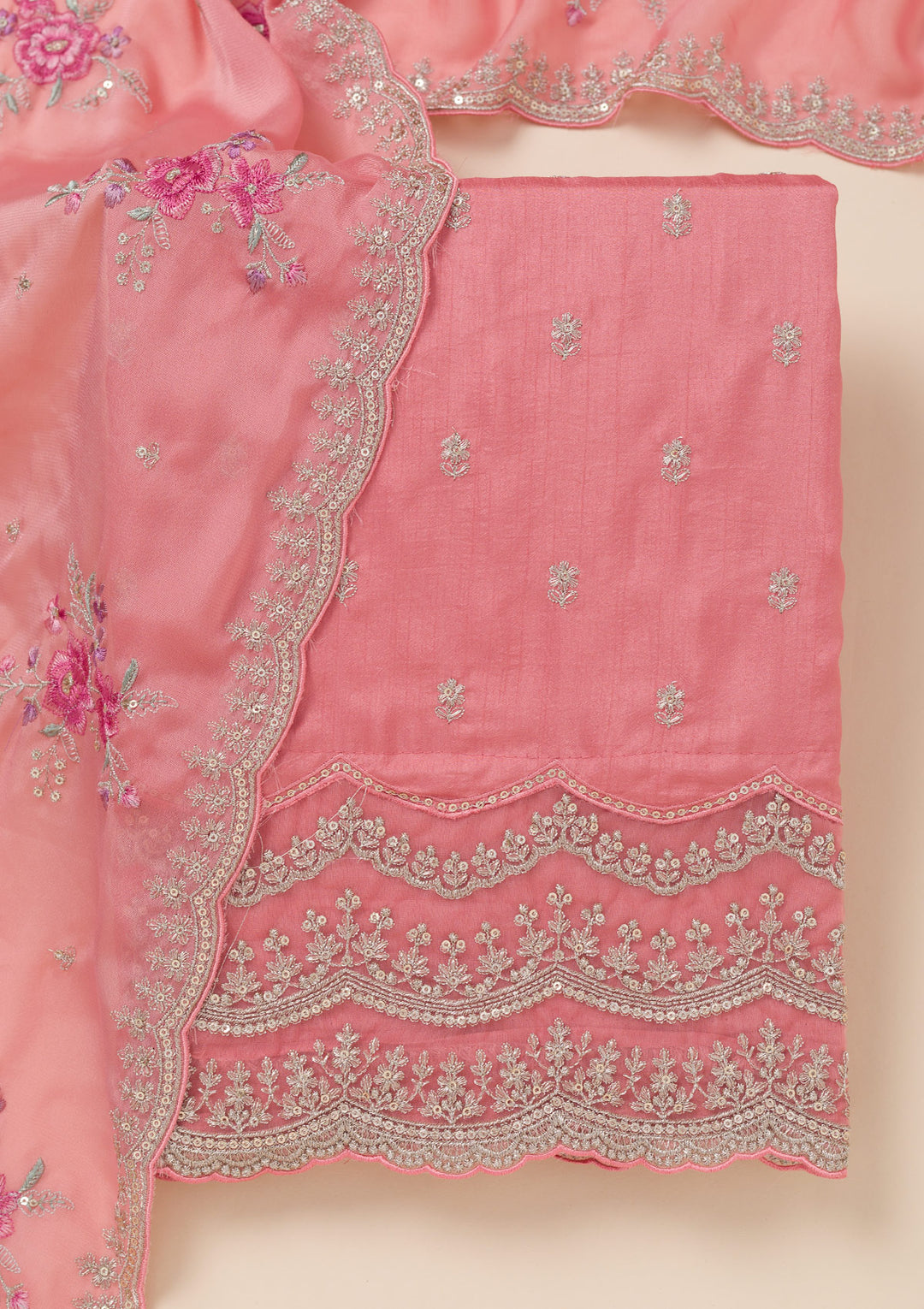 Peach Cording Soft Raw Silk Unstitched Salwar Suit
