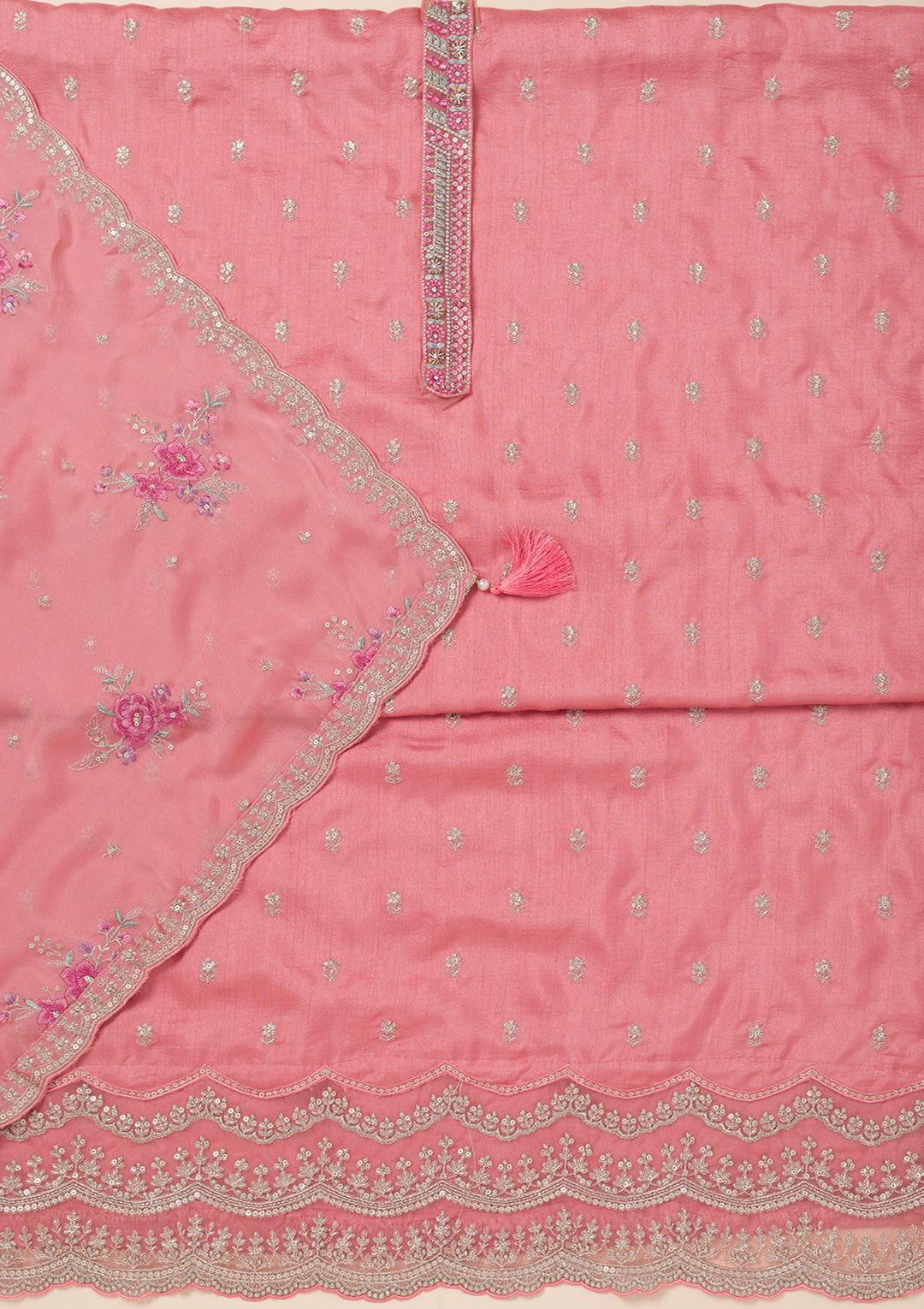 Peach Cording Soft Raw Silk Unstitched Salwar Suit