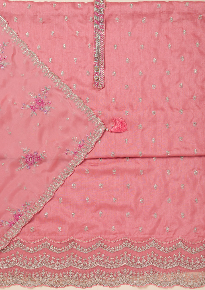 Peach Cording Soft Raw Silk Unstitched Salwar Suit