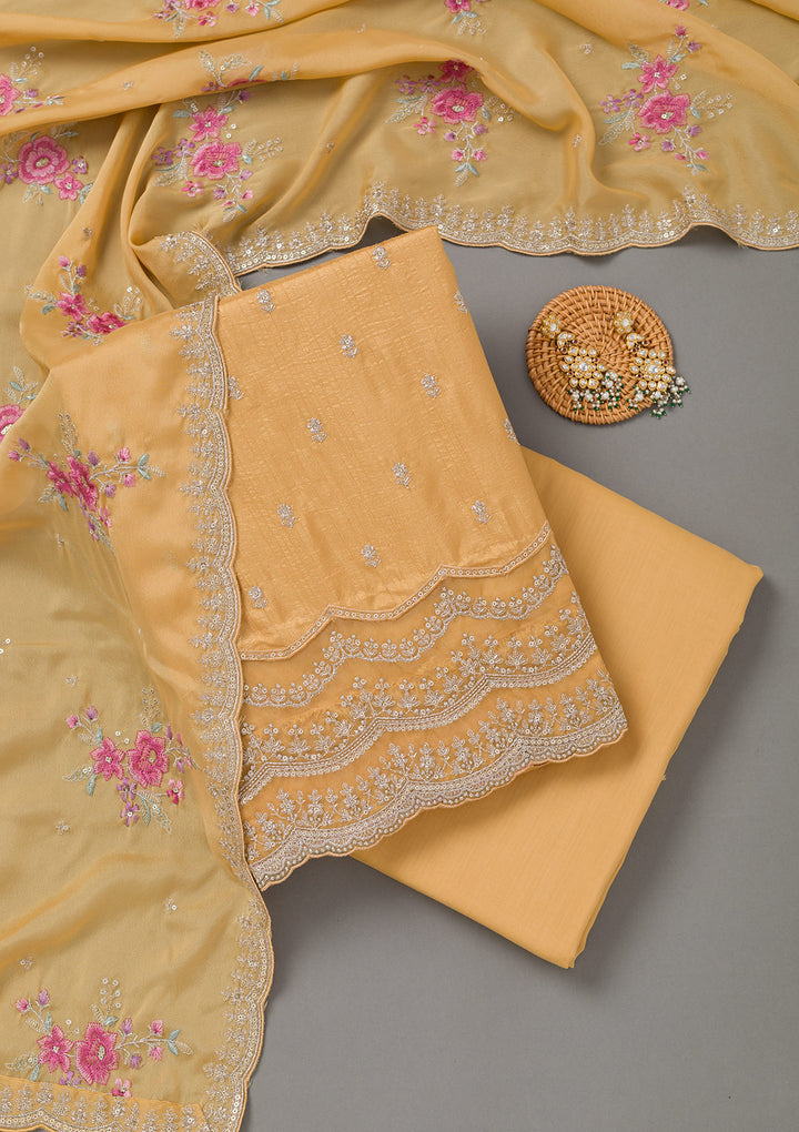 Yellow Cording Soft Raw Silk Unstitched Salwar Suit