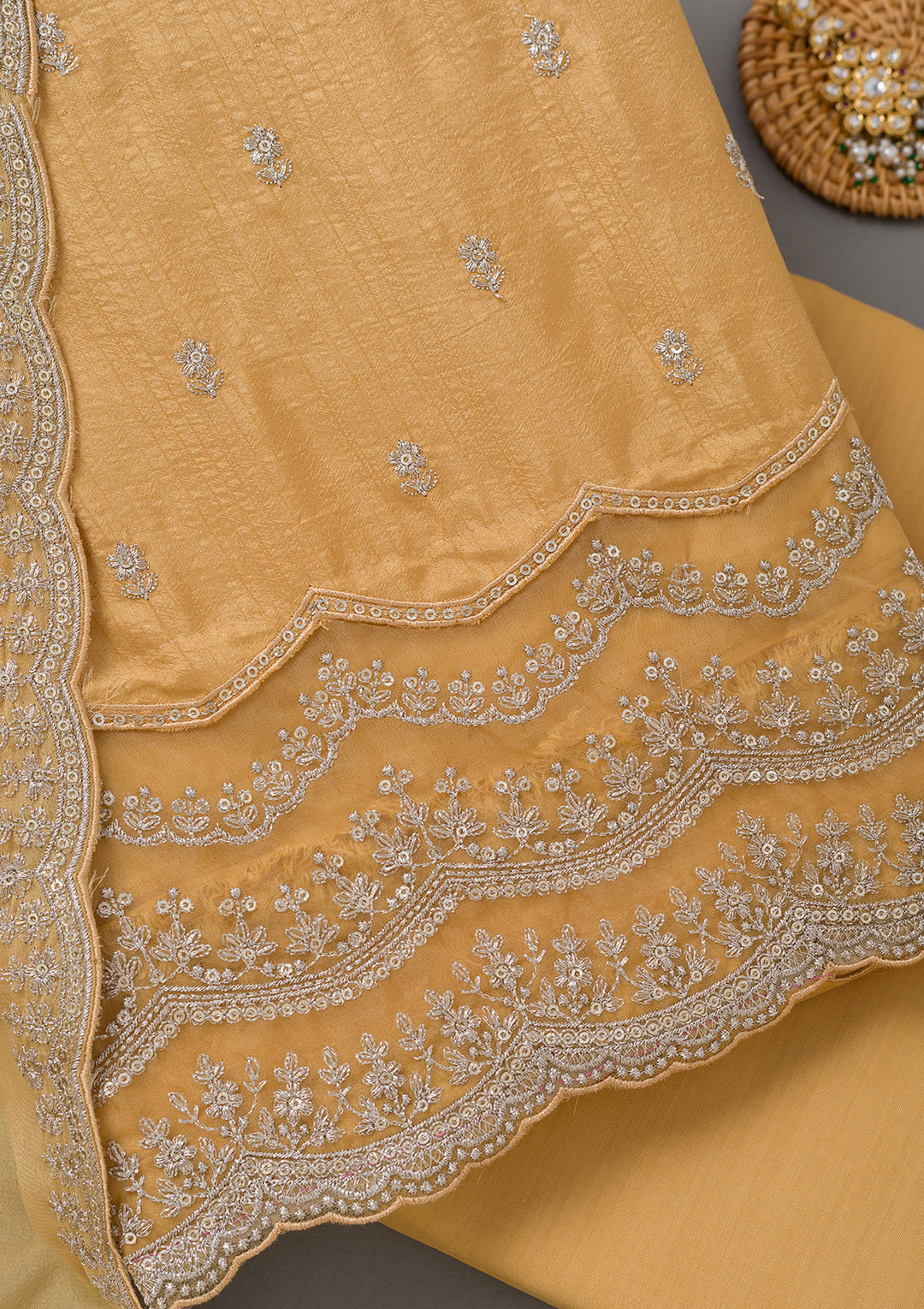 Yellow Cording Soft Raw Silk Unstitched Salwar Suit