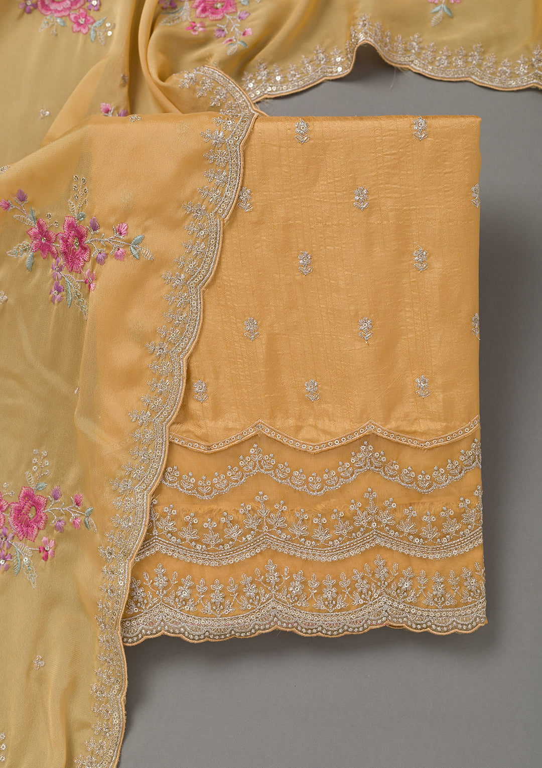 Yellow Cording Soft Raw Silk Unstitched Salwar Suit