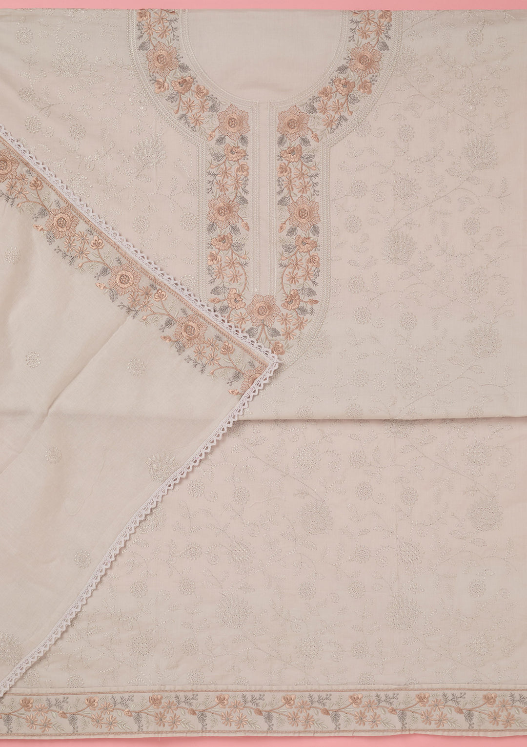 Light Grey Threadwork Cotton Unstitched Salwar Suit