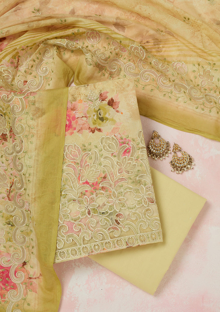 Pista Green Threadwork Linen Unstitched Salwar Suit