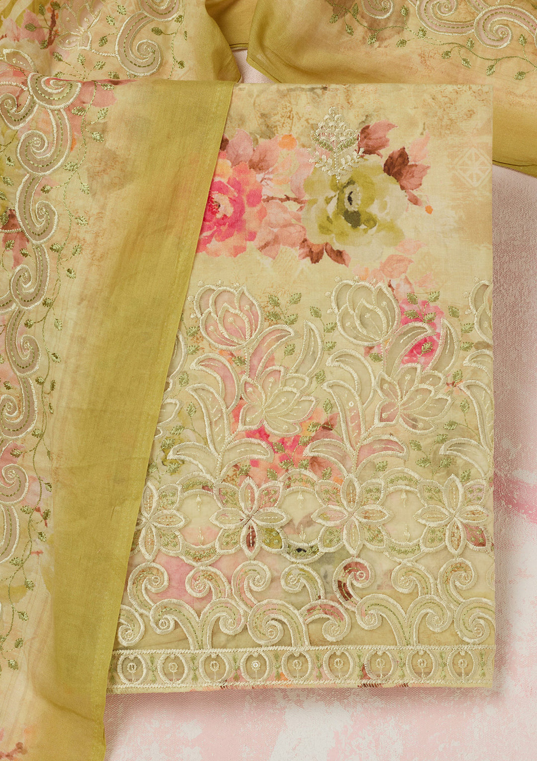 Pista Green Threadwork Linen Unstitched Salwar Suit
