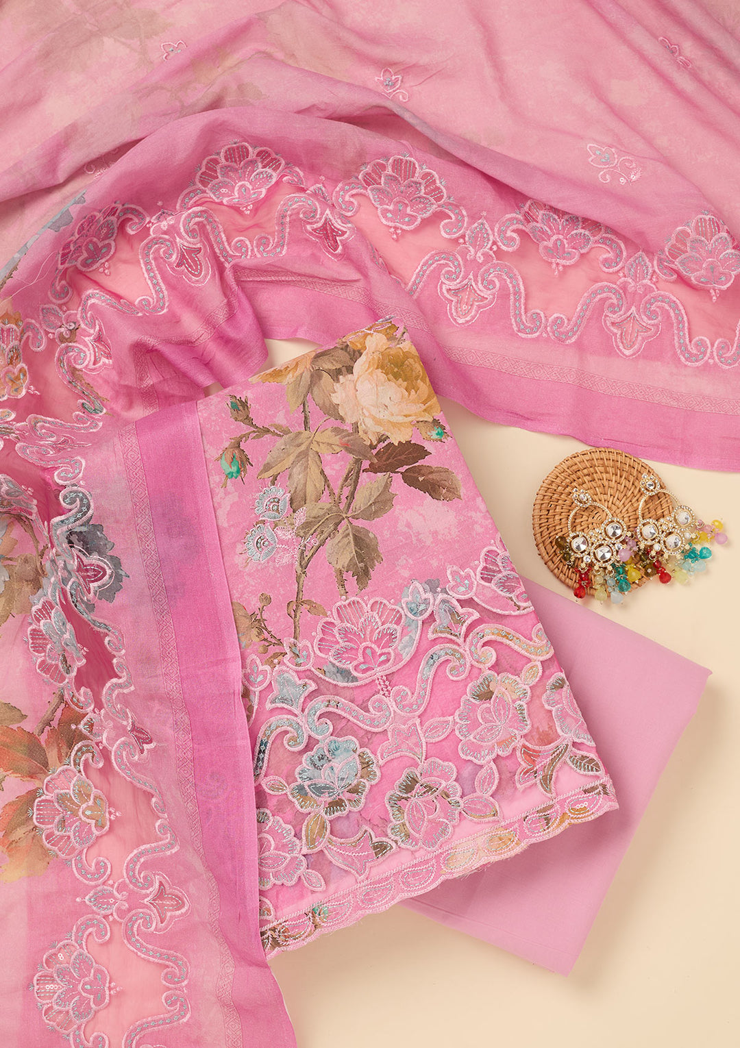 Onion Pink Threadwork Cotton Unstitched Salwar Suit