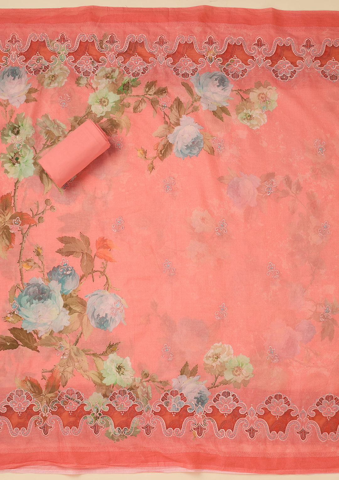Peach Threadwork Cotton Unstitched Salwar Suit