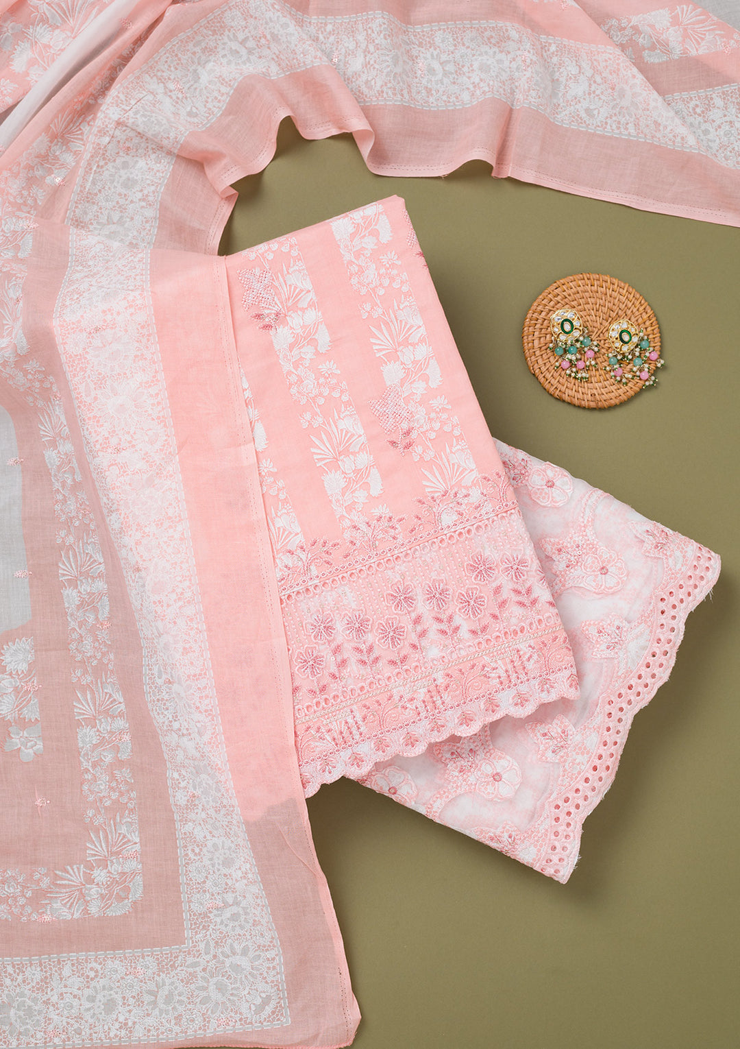 Peach Threadwork Cotton Unstitched Salwar Suit