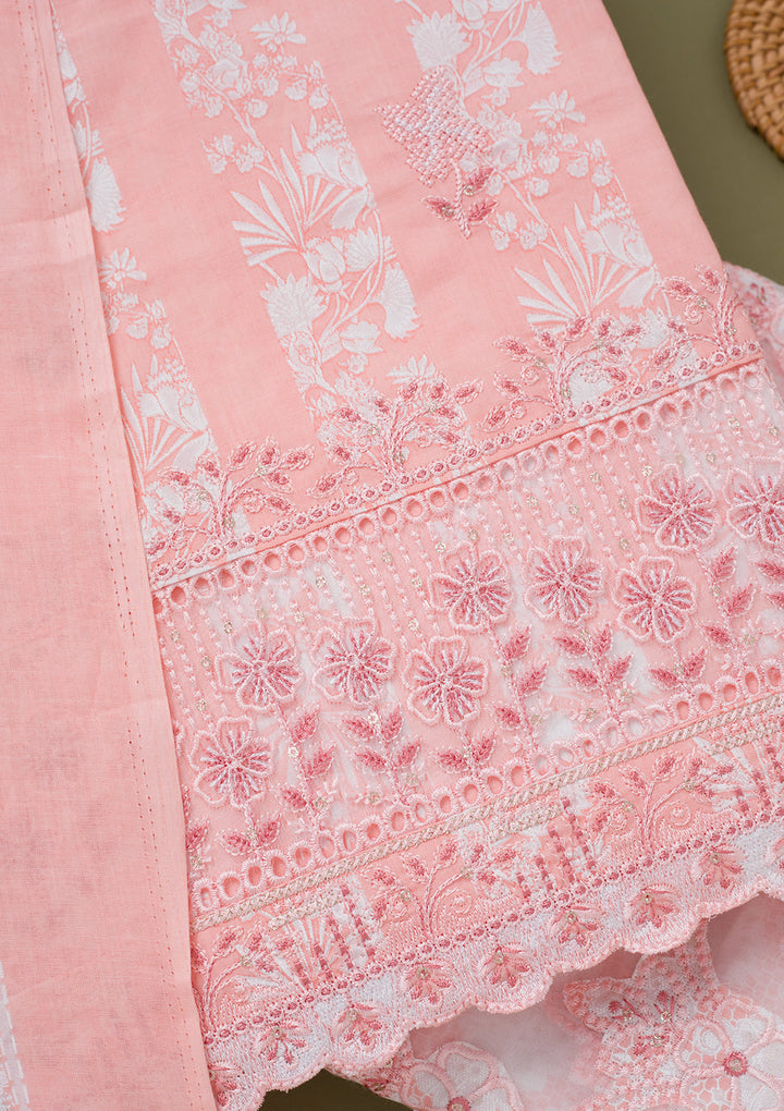 Peach Threadwork Cotton Unstitched Salwar Suit