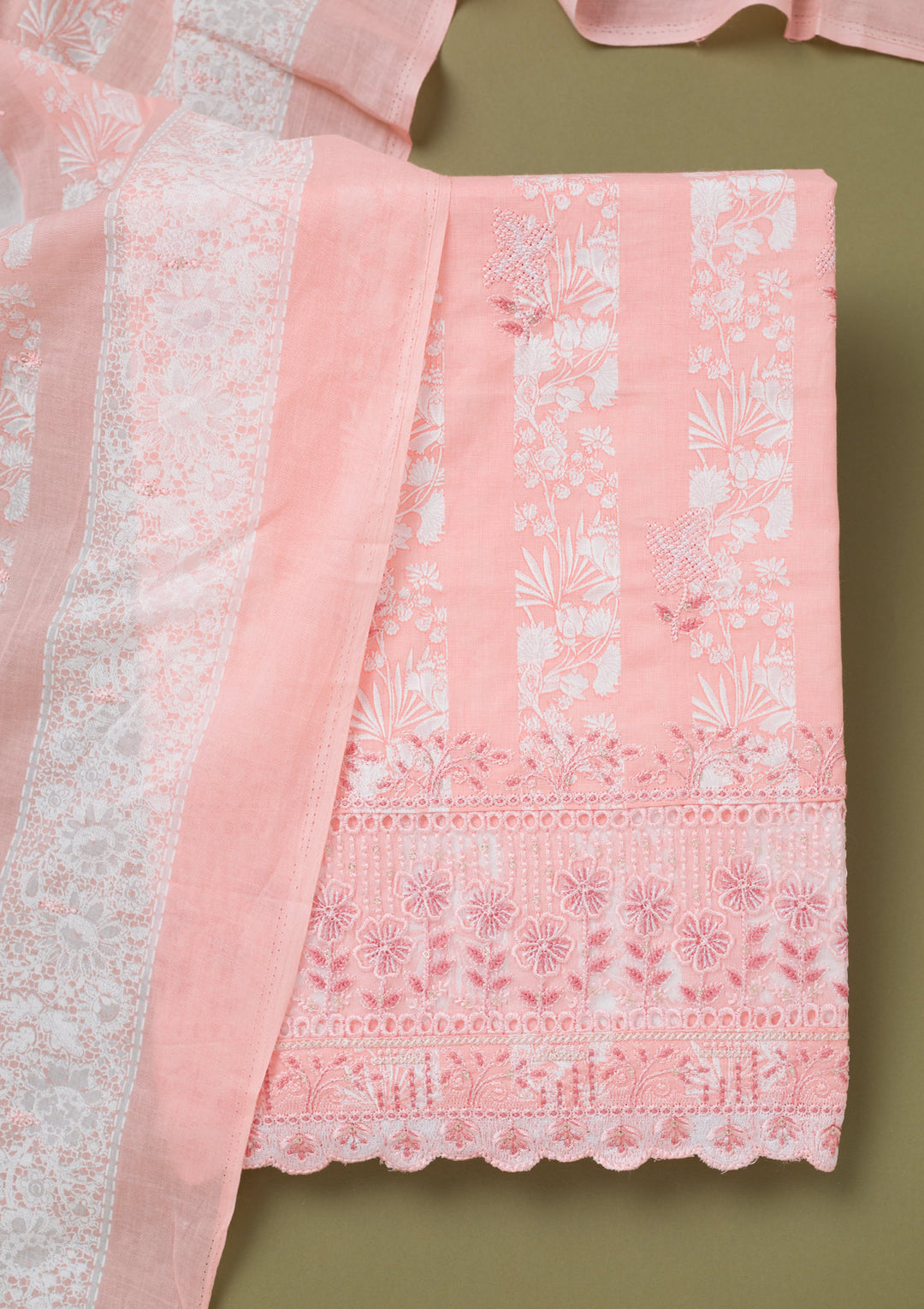 Peach Threadwork Cotton Unstitched Salwar Suit