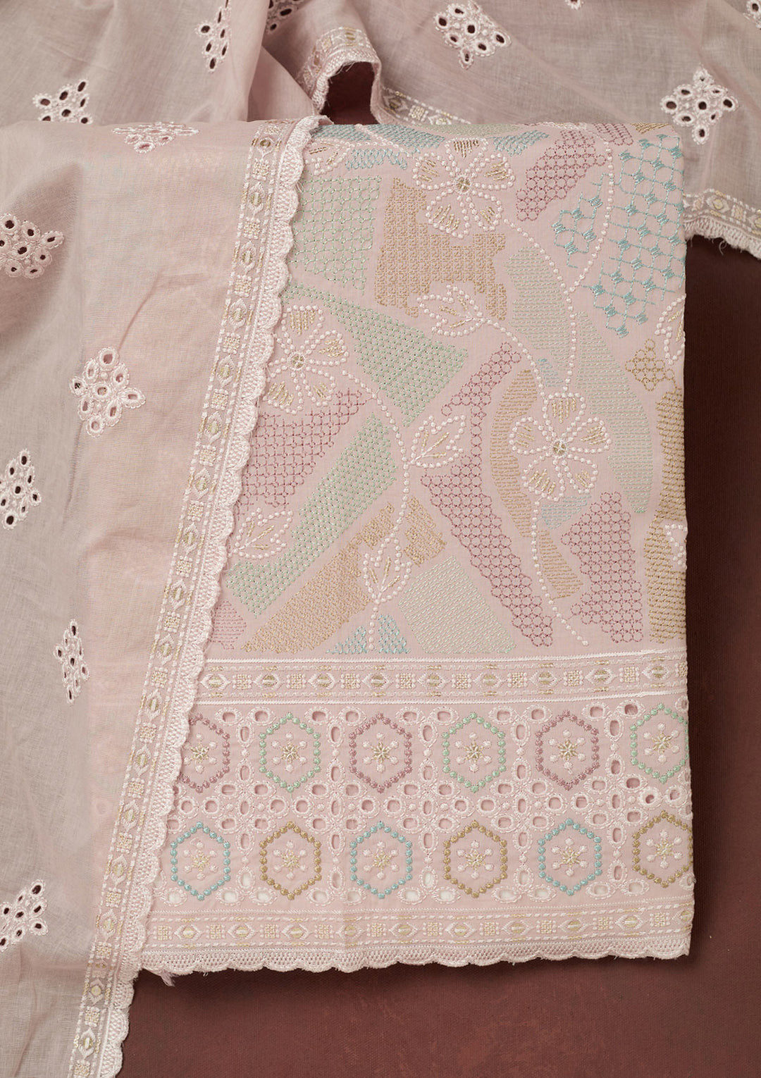 Baby Pink Thread Embroidery Cotton Unstitched Salwar Suit