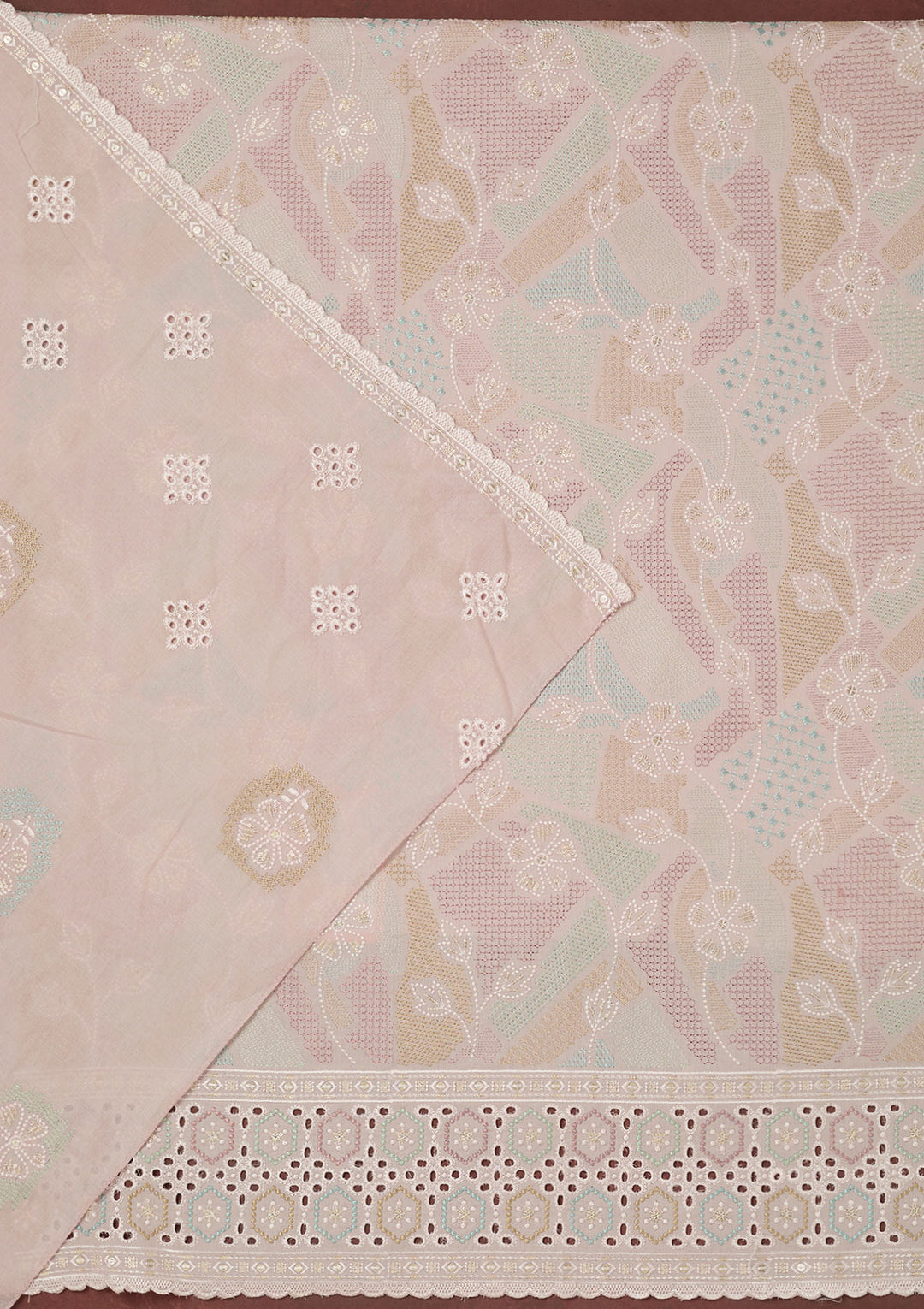 Baby Pink Thread Embroidery Cotton Unstitched Salwar Suit