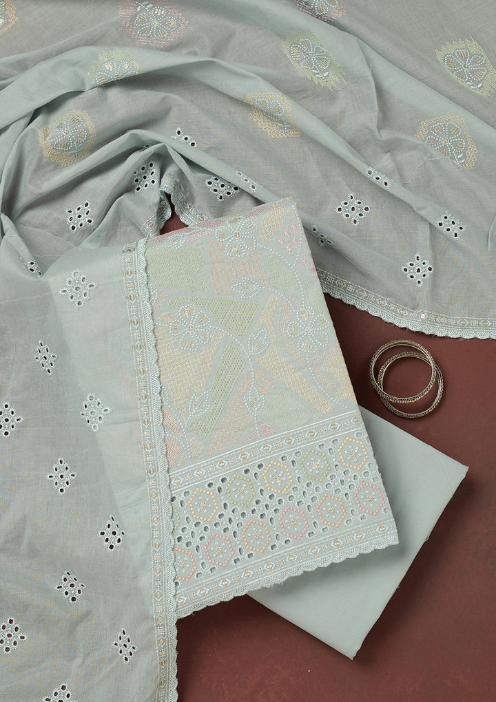 Light Grey Thread Embroidery Cotton Unstitched Salwar Suit