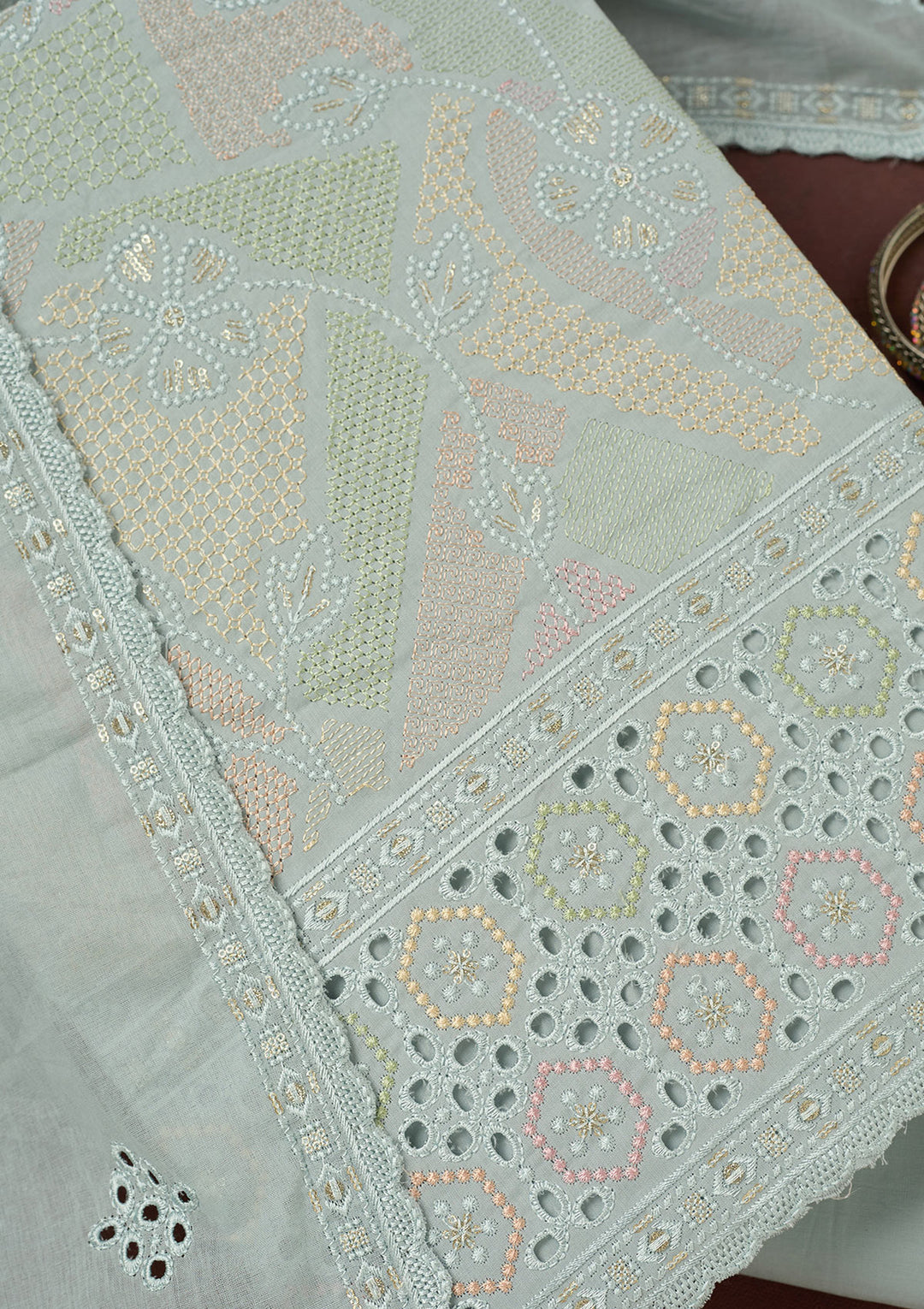 Light Grey Thread Embroidery Cotton Unstitched Salwar Suit