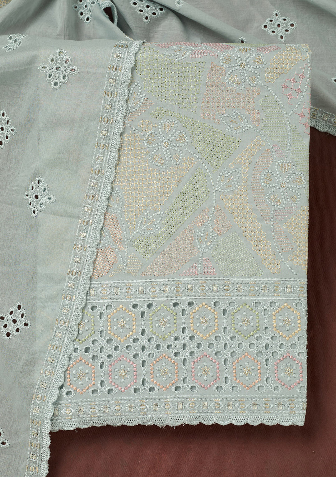 Light Grey Thread Embroidery Cotton Unstitched Salwar Suit