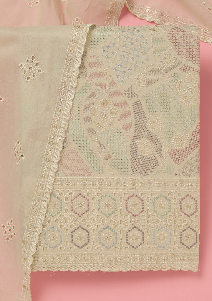 Pista Green Threadwork Cotton Unstitched Salwar Suit