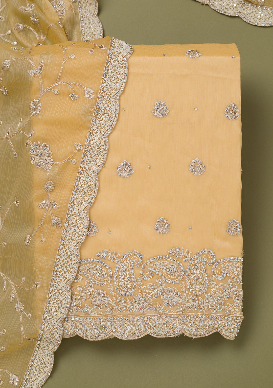 Yellow Cording Chinon Unstitched Salwar Suit
