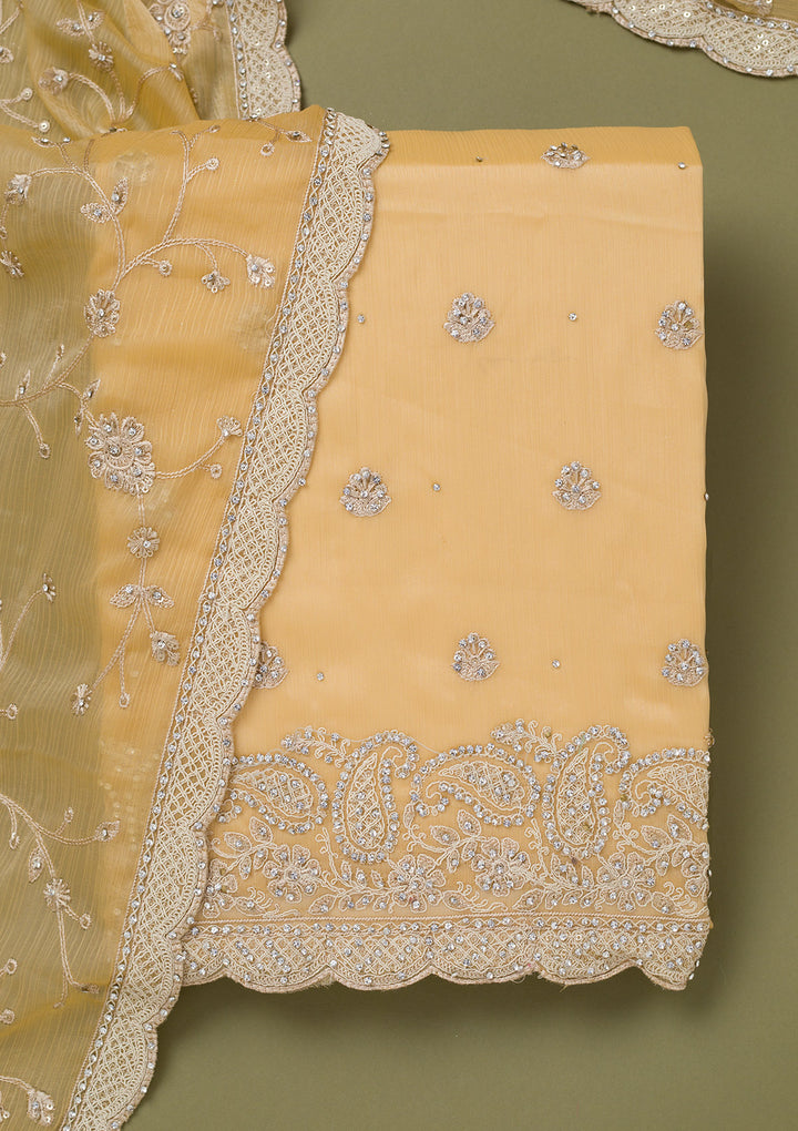 Yellow Cording Chinon Unstitched Salwar Suit
