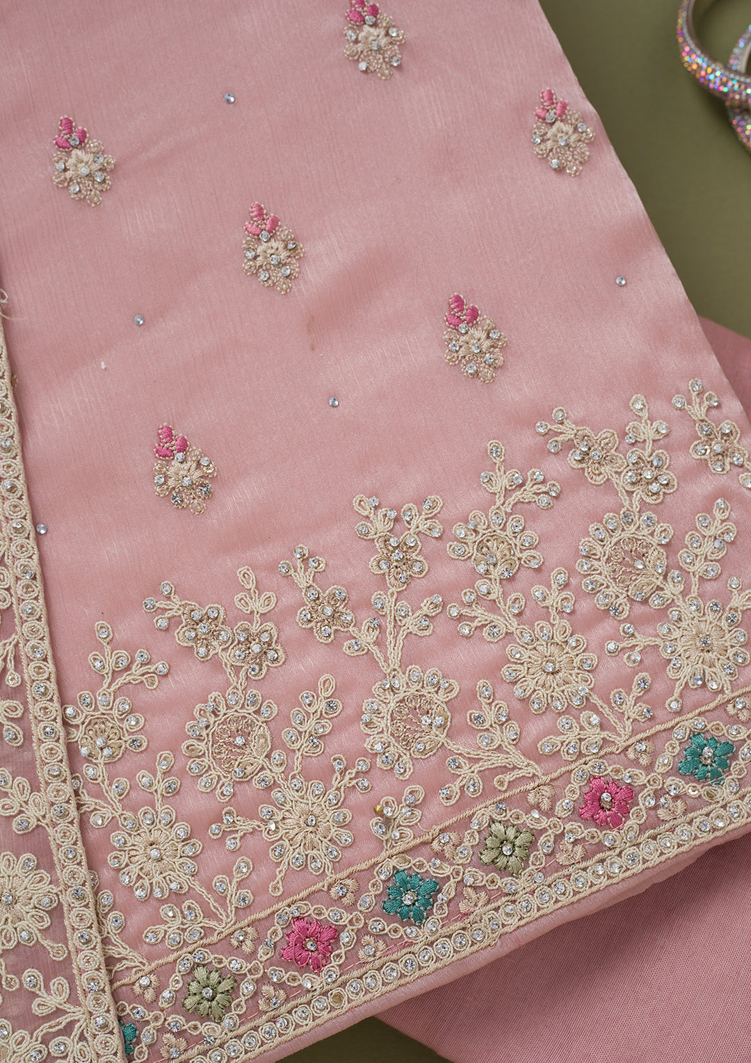 Pink Cording Chinon Unstitched Salwar Suit
