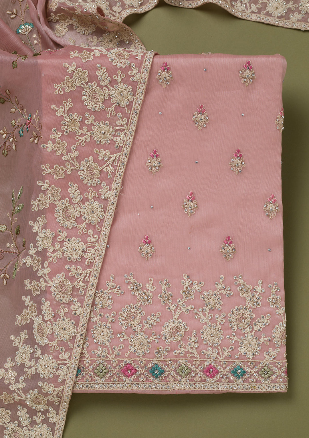 Pink Cording Chinon Unstitched Salwar Suit