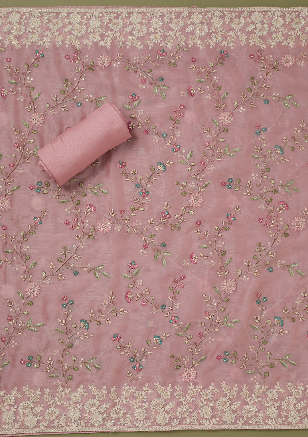 Pink Cording Chinon Unstitched Salwar Suit