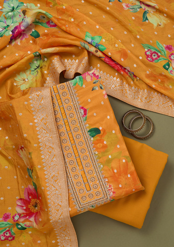 Mustard Zariwork Dola Silk Unstitched Salwar Suit