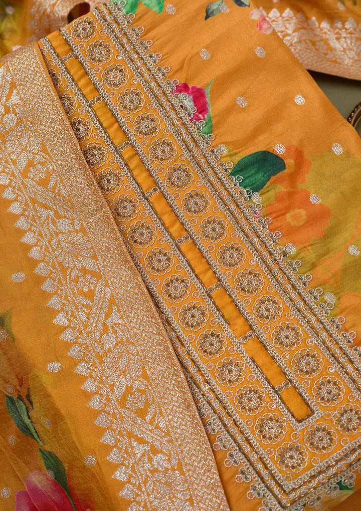 Mustard Zariwork Dola Silk Unstitched Salwar Suit