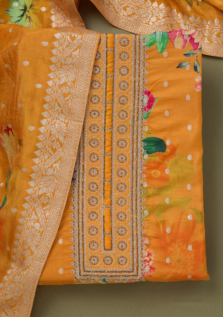 Mustard Zariwork Dola Silk Unstitched Salwar Suit