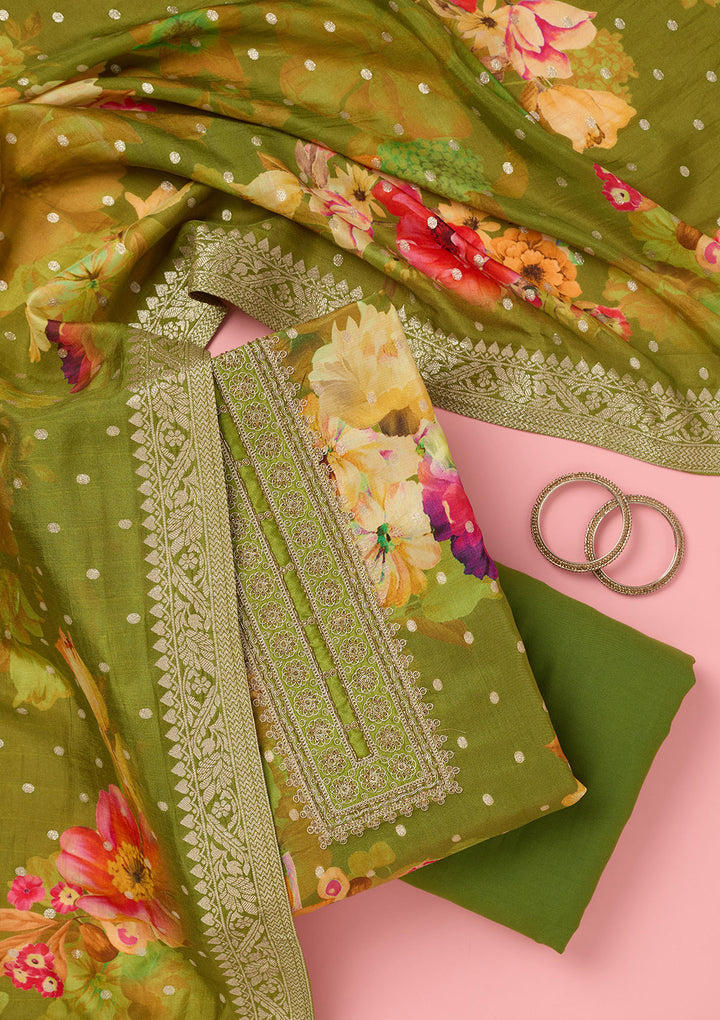 Parrot Green Zariwork Dola Silk Unstitched Salwar Suit