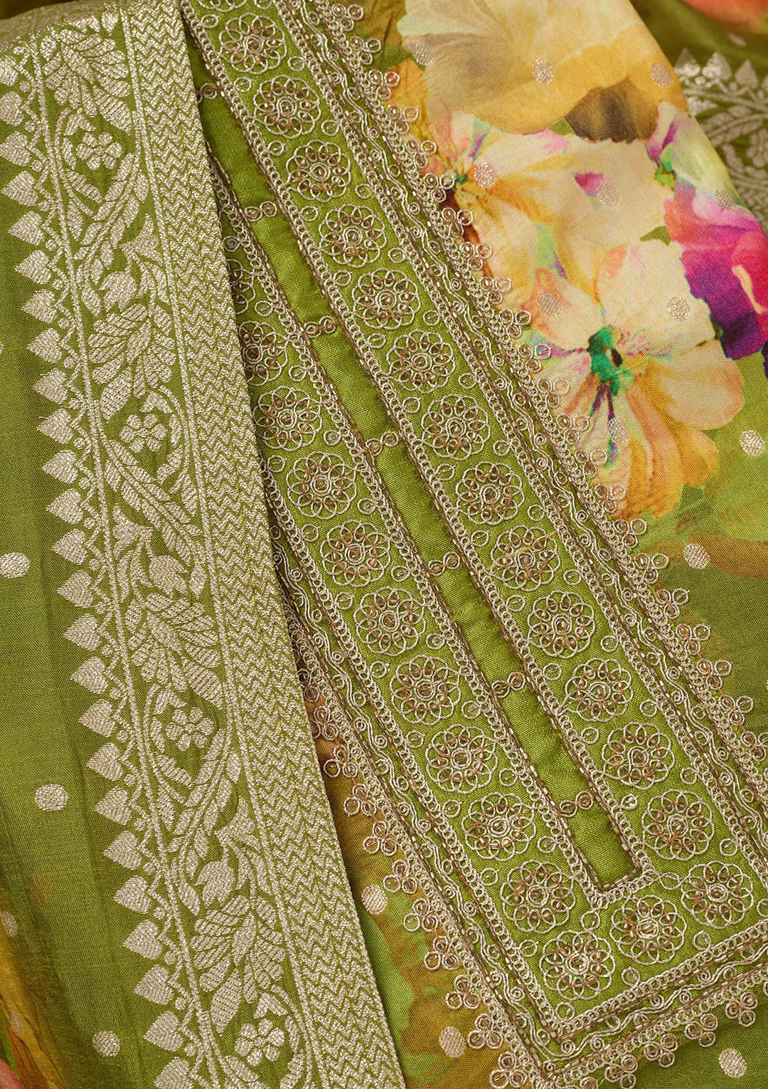 Parrot Green Zariwork Dola Silk Unstitched Salwar Suit