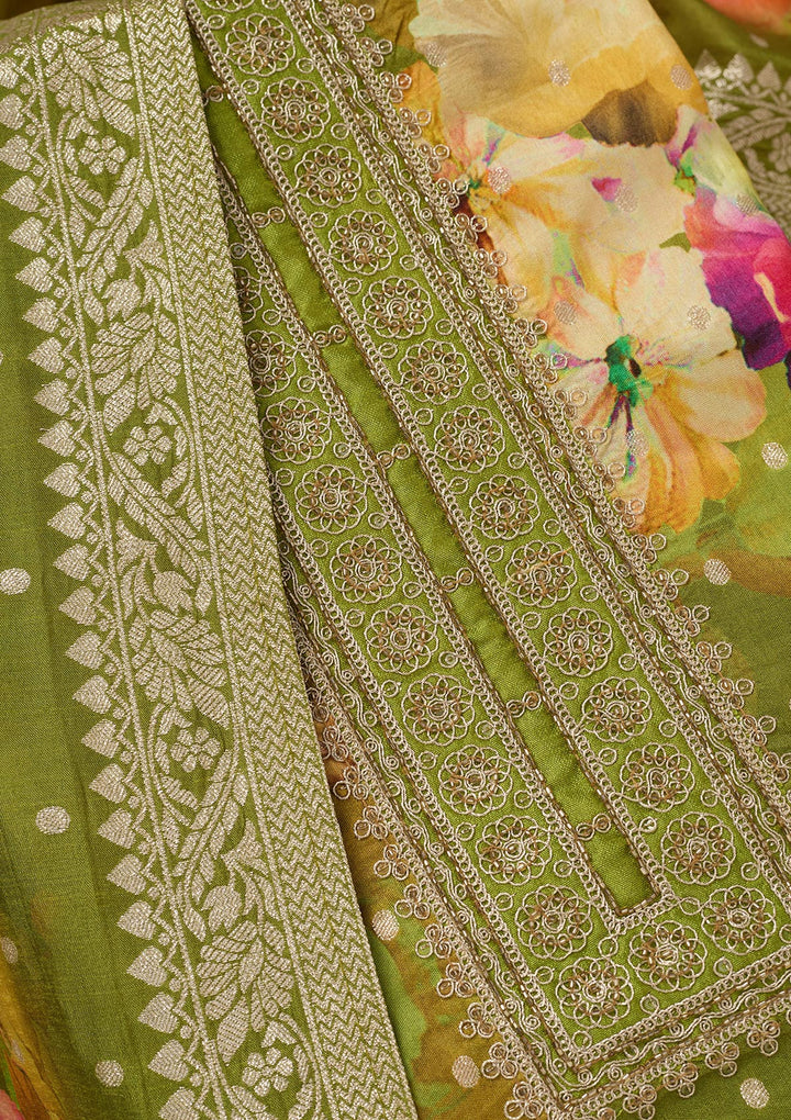 Parrot Green Zariwork Dola Silk Unstitched Salwar Suit