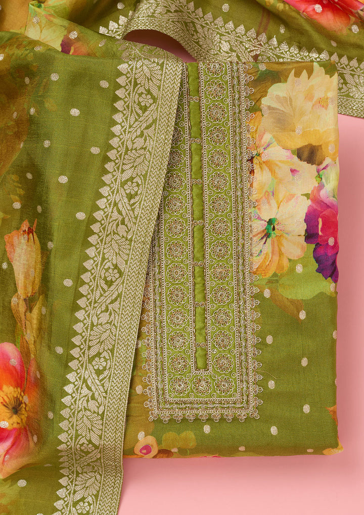 Parrot Green Zariwork Dola Silk Unstitched Salwar Suit