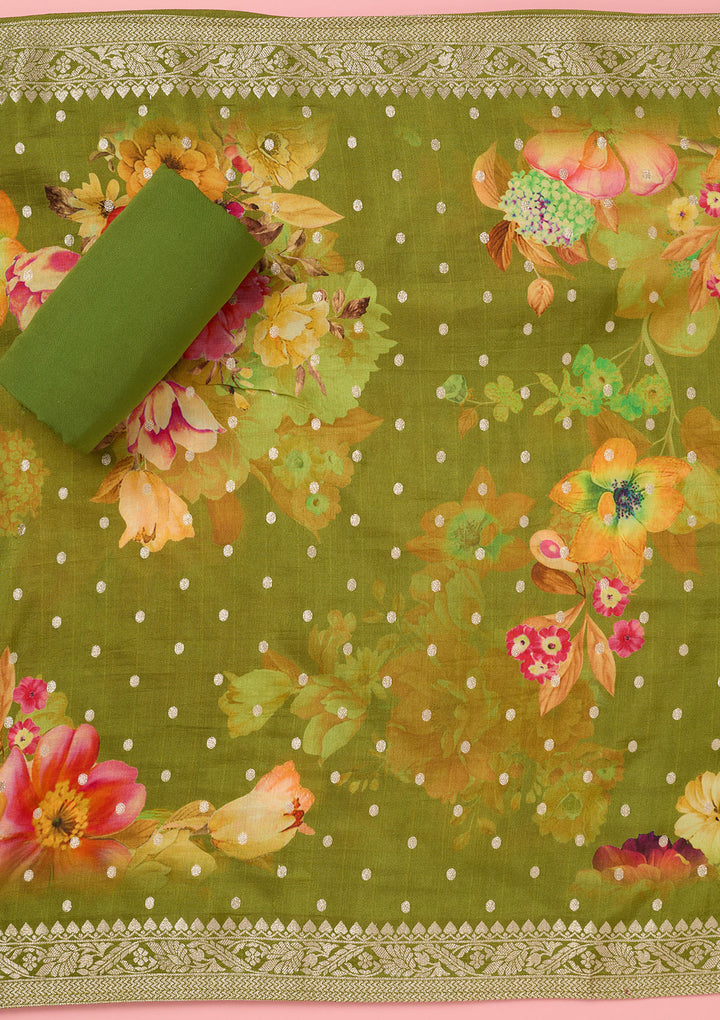 Parrot Green Zariwork Dola Silk Unstitched Salwar Suit