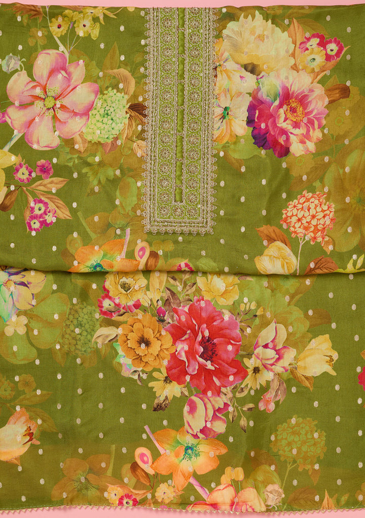 Parrot Green Zariwork Dola Silk Unstitched Salwar Suit
