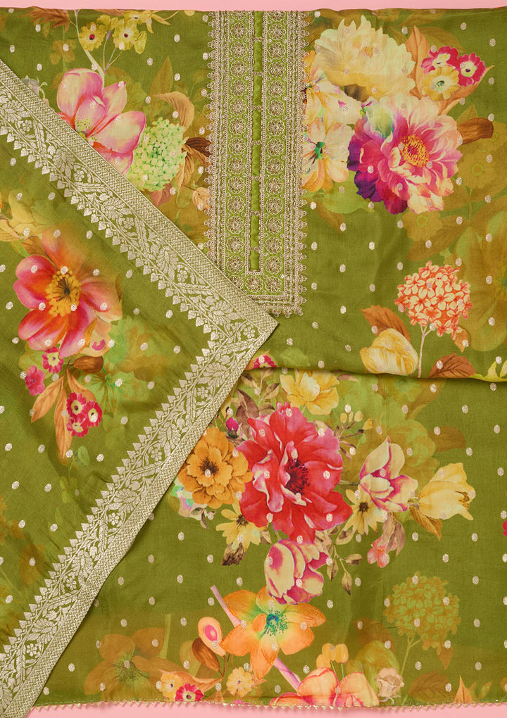 Parrot Green Zariwork Dola Silk Unstitched Salwar Suit