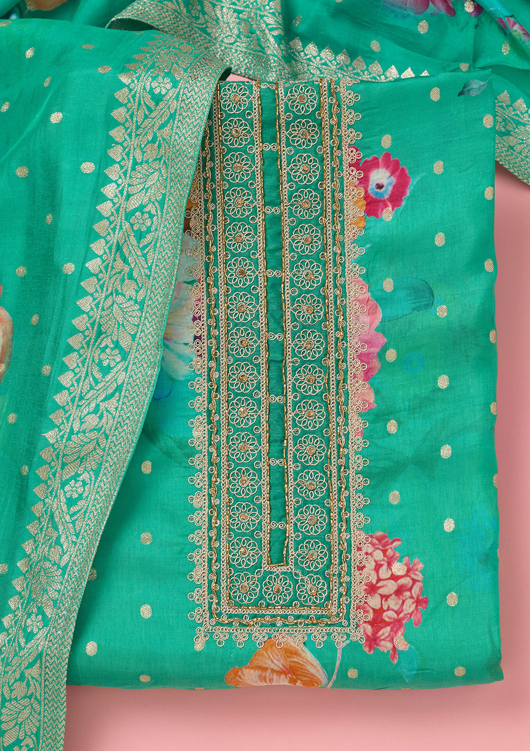 Sea Green Zariwork Dola Silk Unstitched Salwar Suit