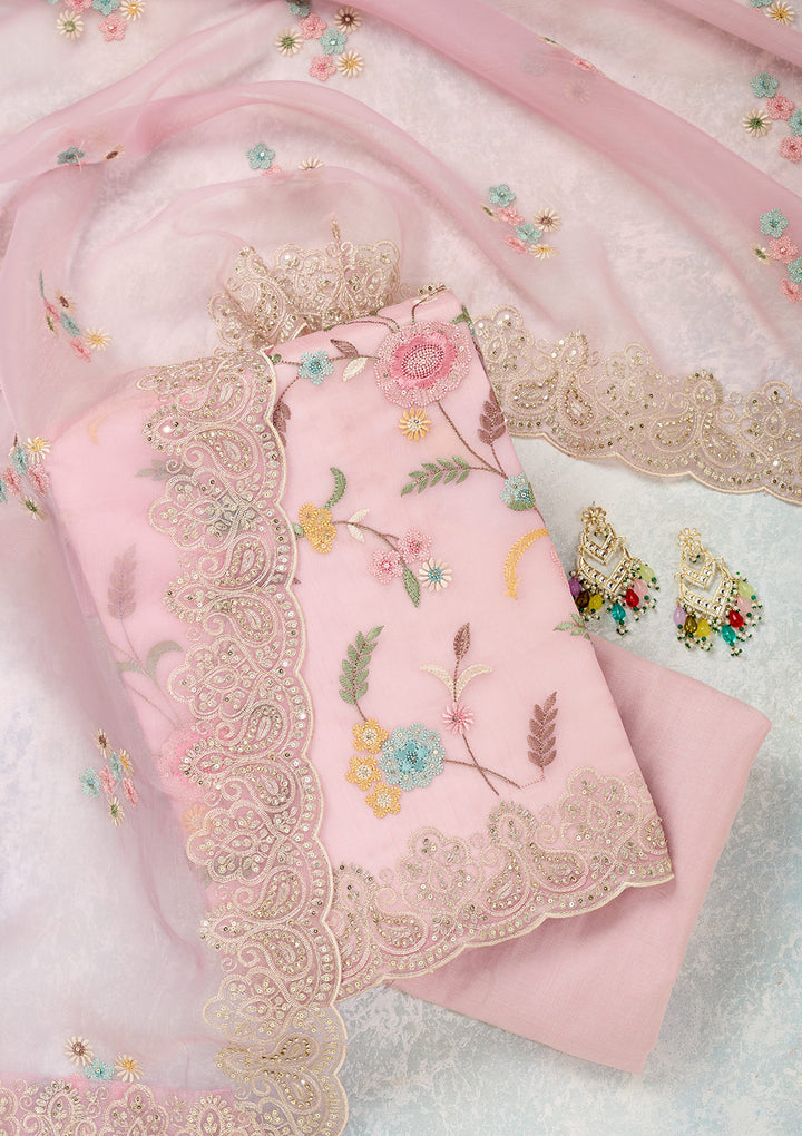 Pink Threadwork Semi Crepe Unstitched Salwar Suit