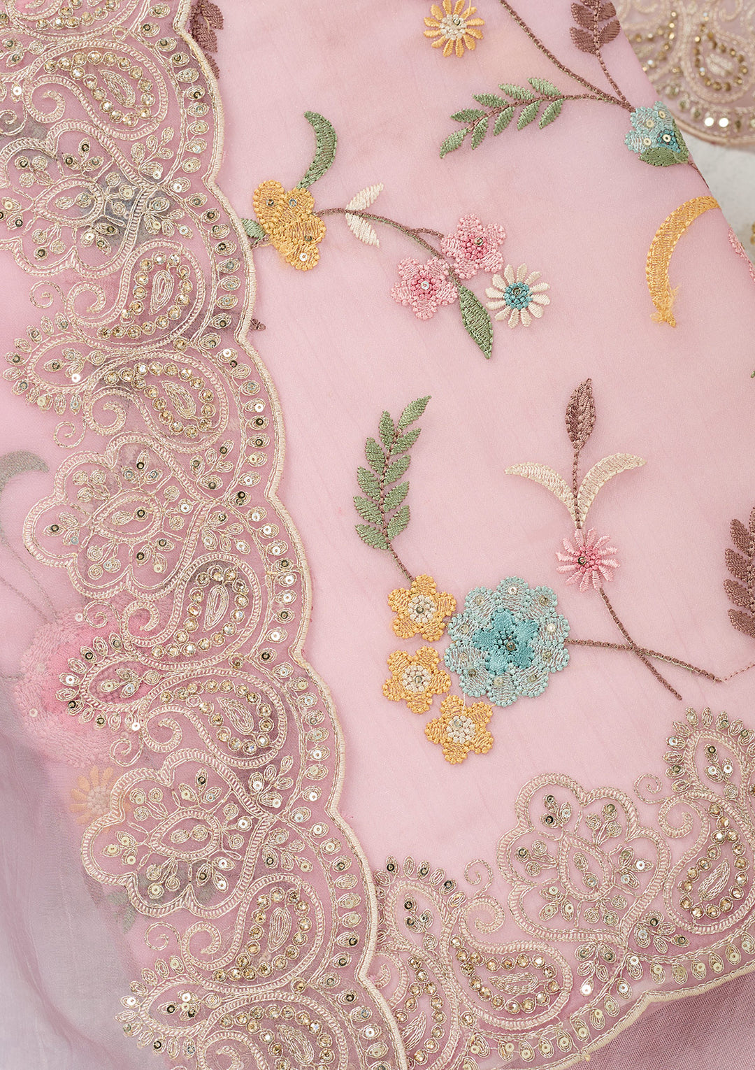 Pink Threadwork Semi Crepe Unstitched Salwar Suit