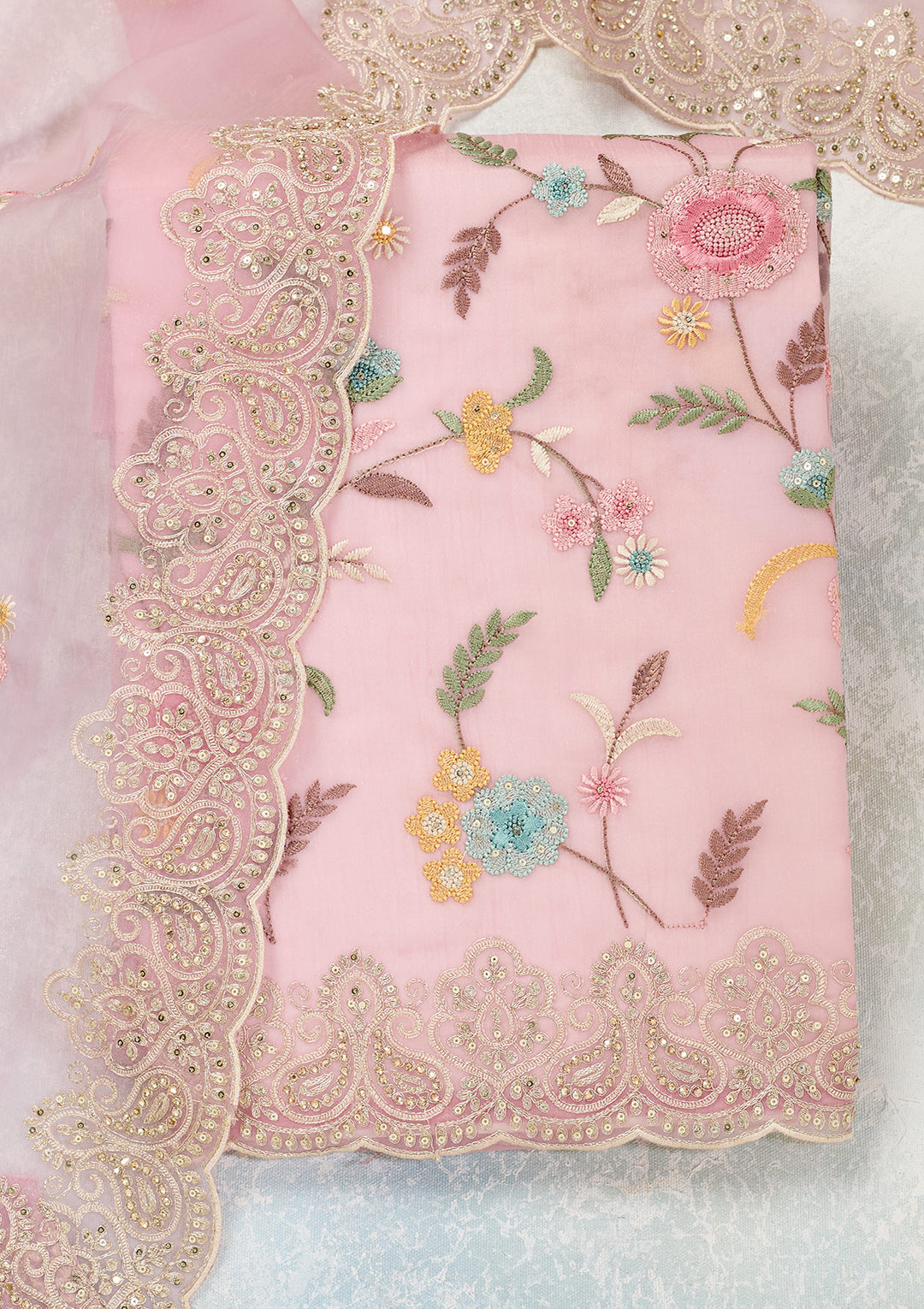 Pink Threadwork Semi Crepe Unstitched Salwar Suit