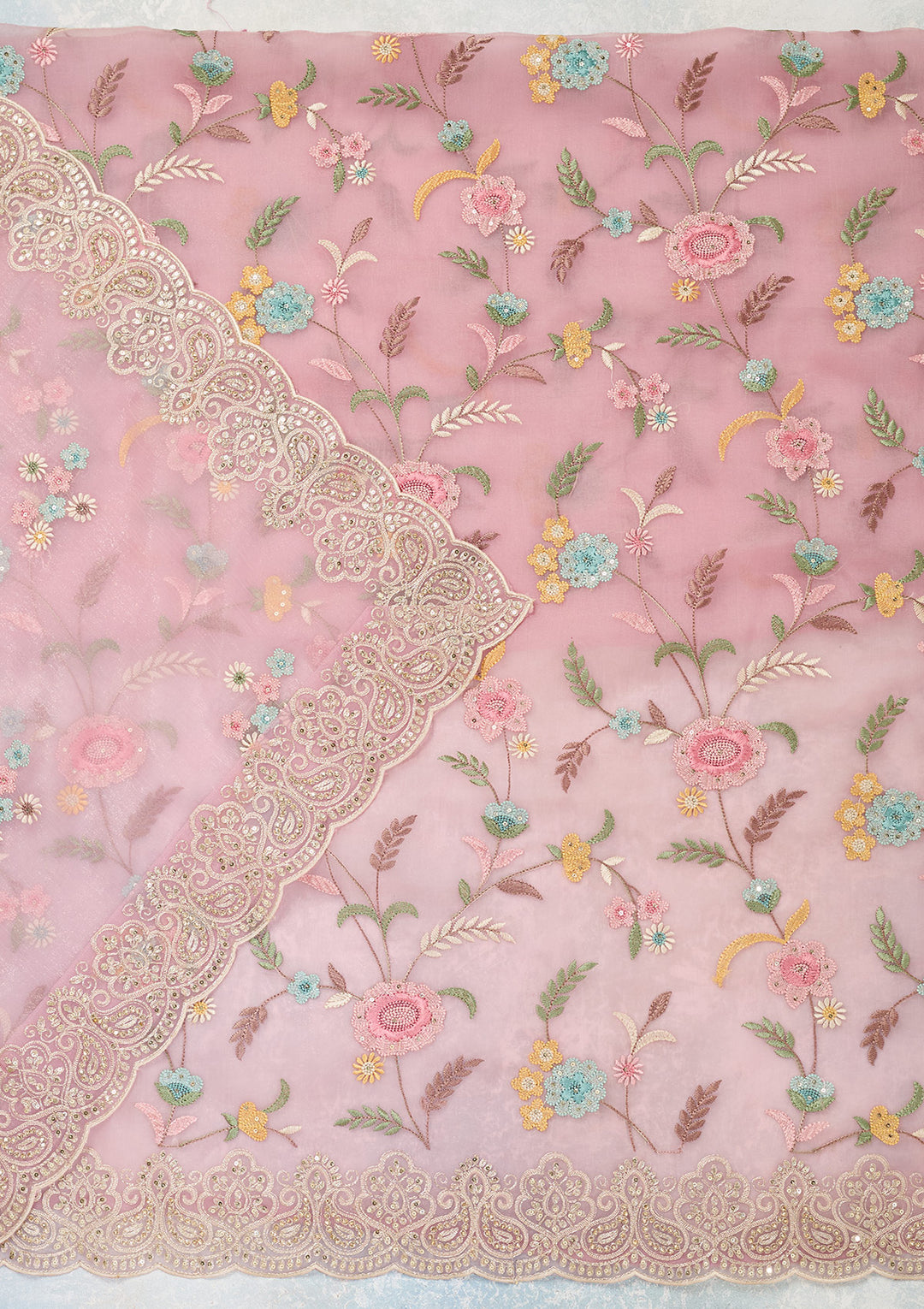 Pink Threadwork Semi Crepe Unstitched Salwar Suit