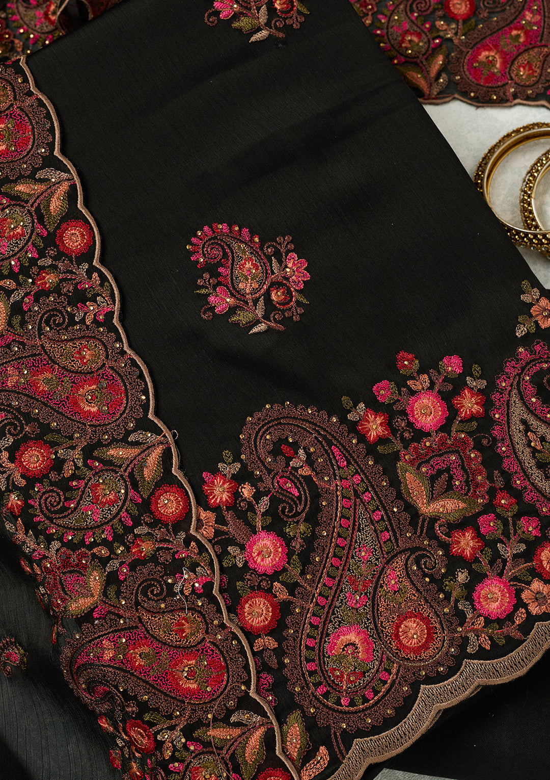 Black Kashmiri Semi Crepe Unstitched Salwar Suit