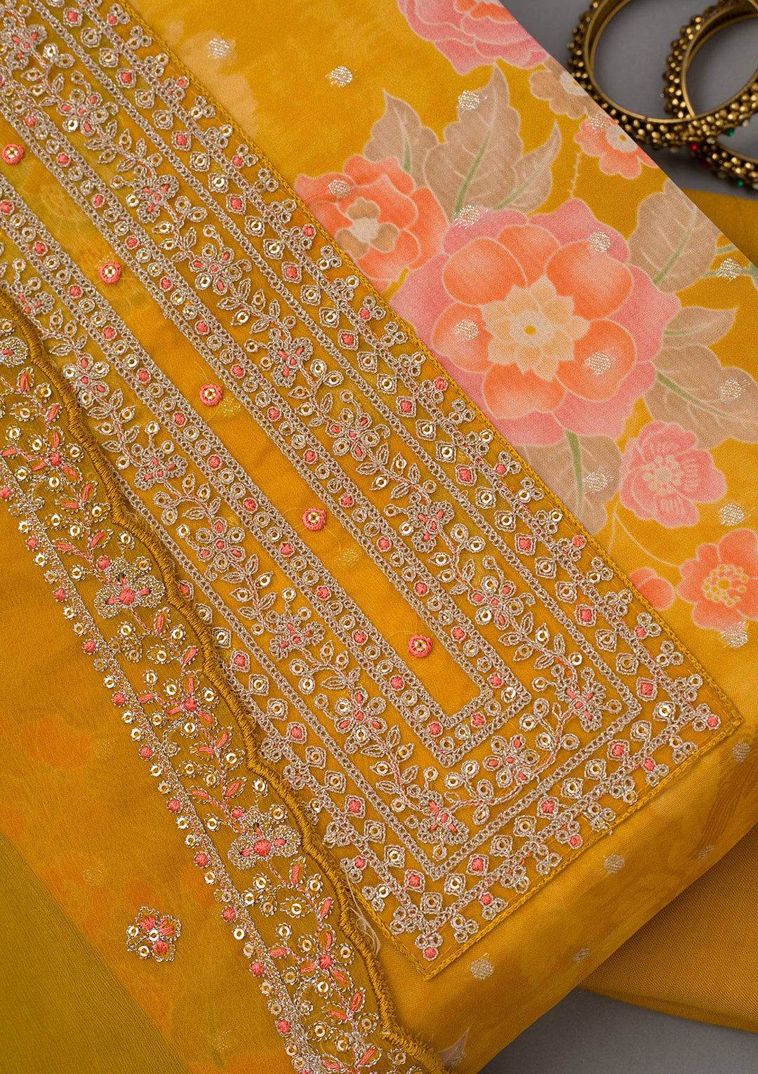 Mustard Yellow Zariwork Organza Unstitched Salwar Suit