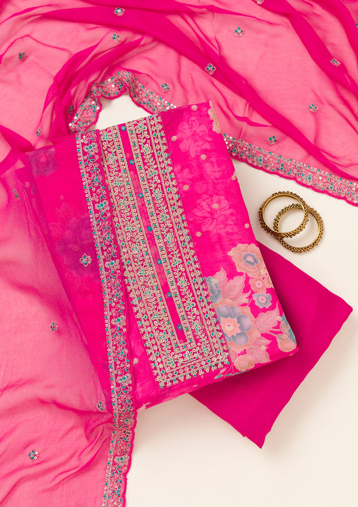 Rani Pink Zariwork Organza Unstitched Salwar Suit