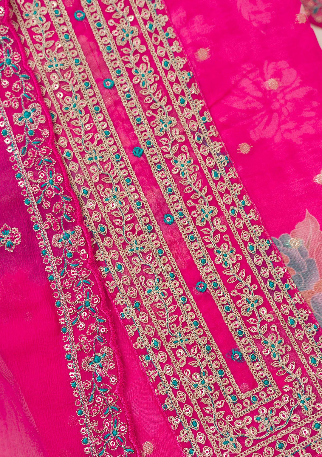 Rani Pink Zariwork Organza Unstitched Salwar Suit