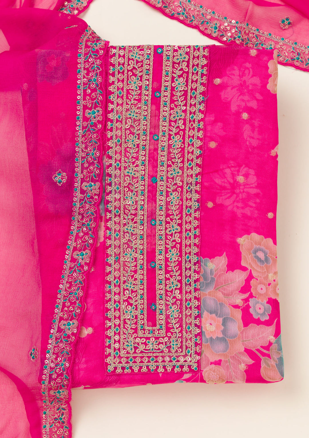 Rani Pink Zariwork Organza Unstitched Salwar Suit