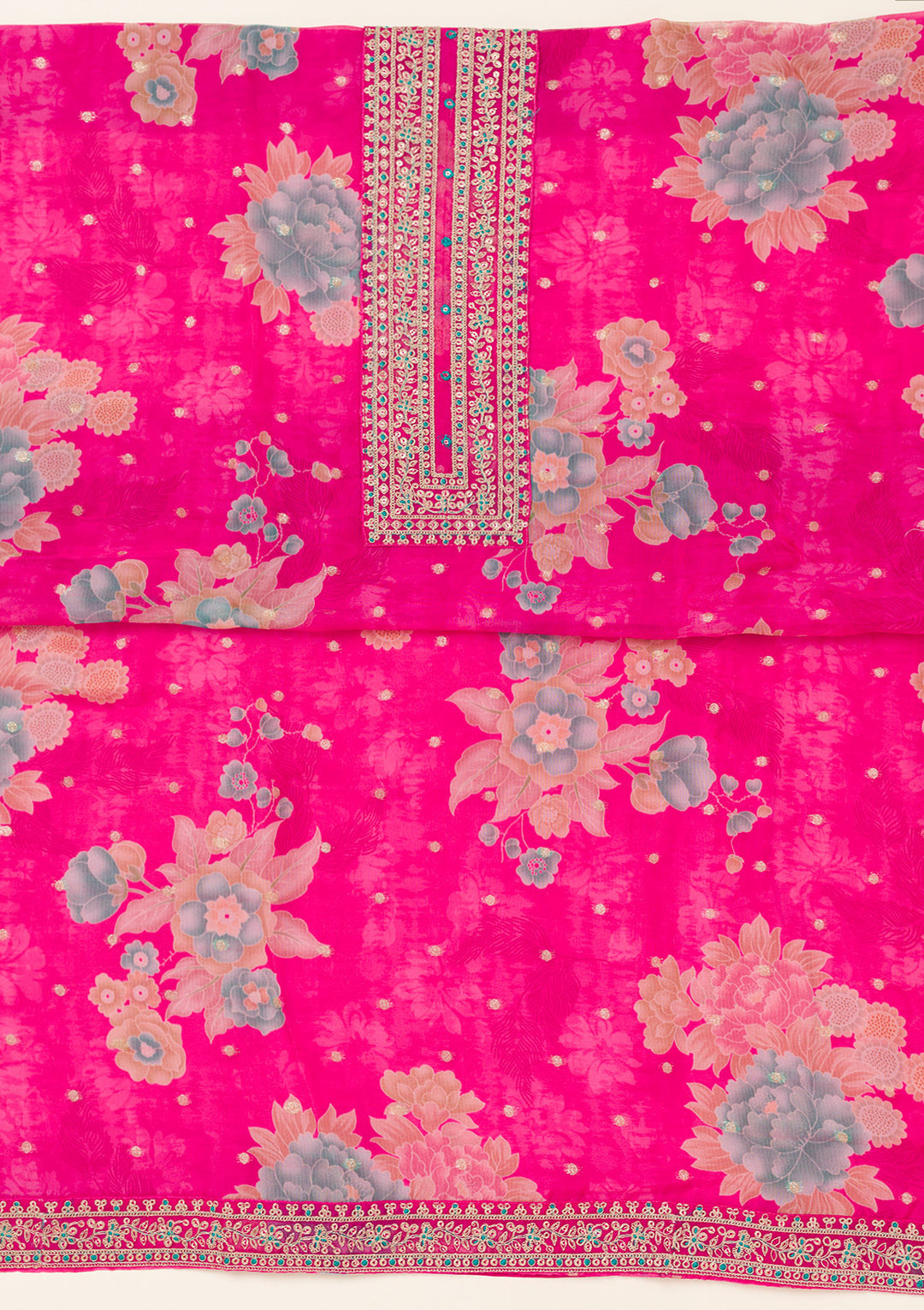 Rani Pink Zariwork Organza Unstitched Salwar Suit