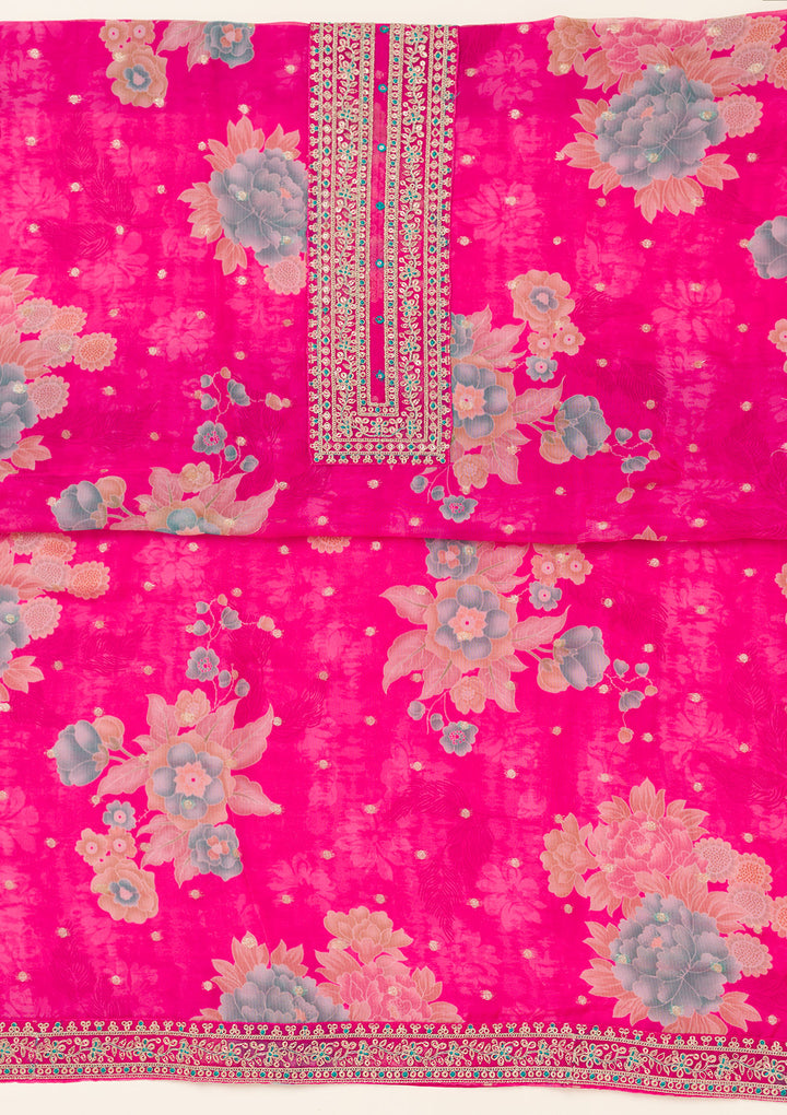 Rani Pink Zariwork Organza Unstitched Salwar Suit