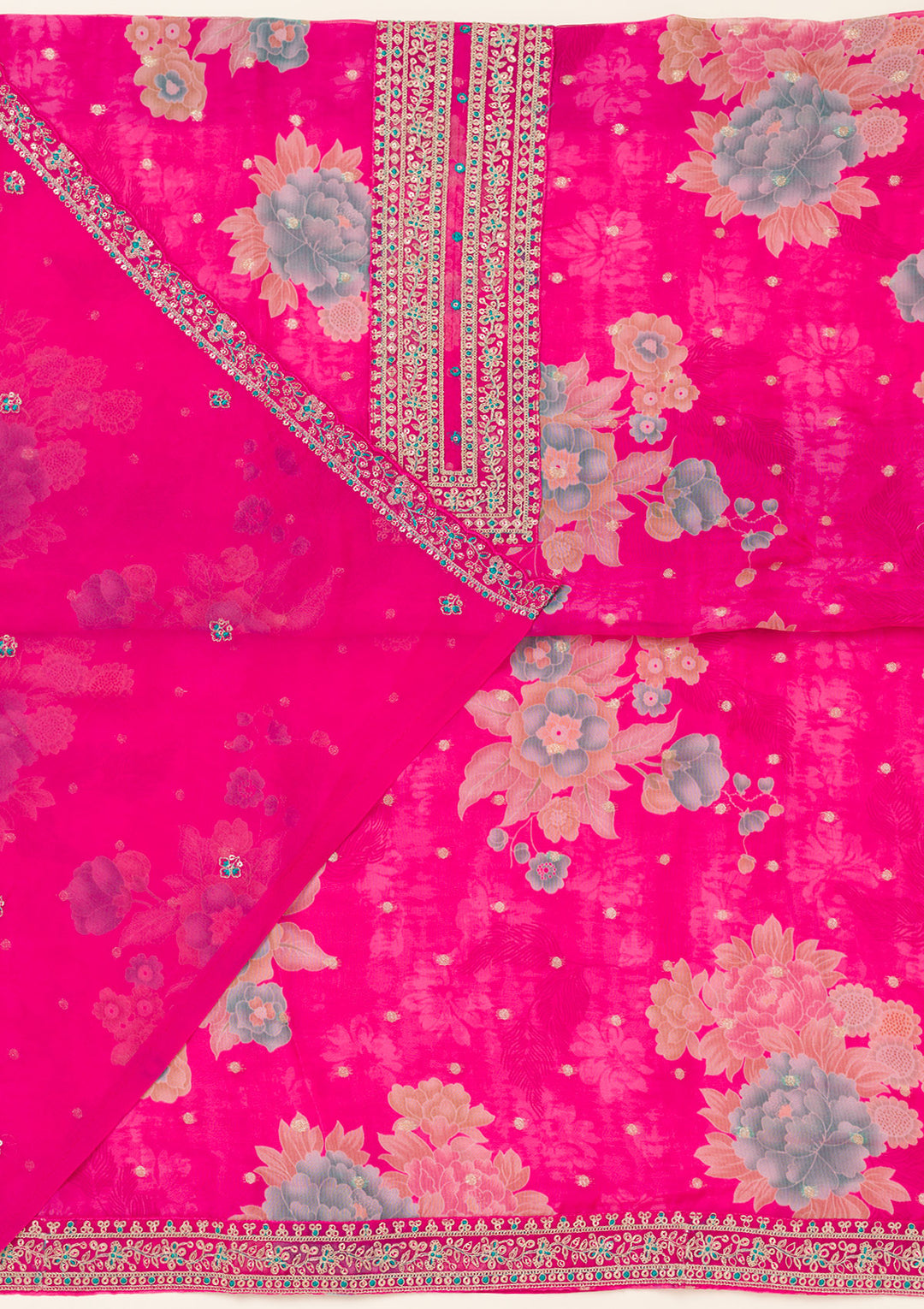 Rani Pink Zariwork Organza Unstitched Salwar Suit