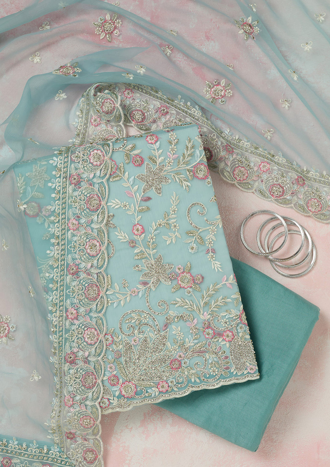 Sky Blue Stonework Semi Crepe Unstitched Salwar Suit-koskii