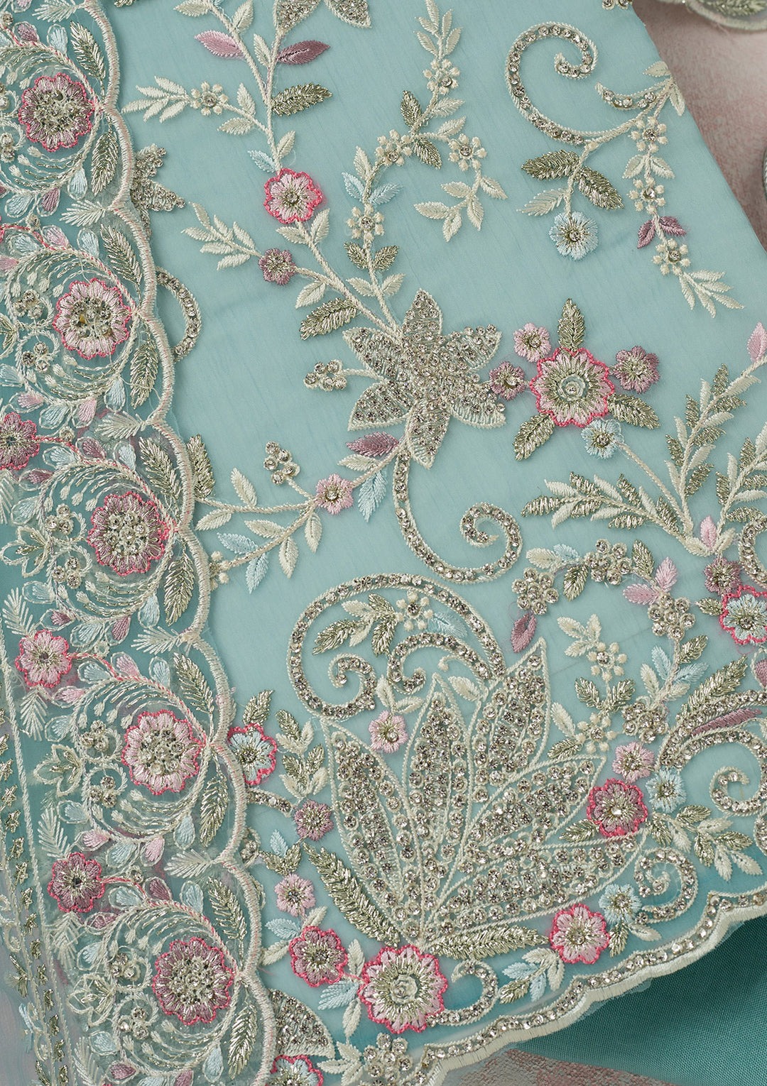 Sky Blue Stonework Semi Crepe Unstitched Salwar Suit-koskii